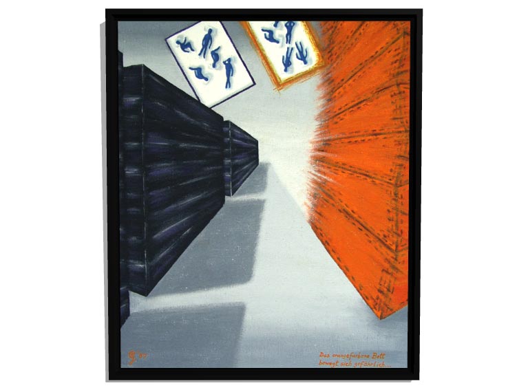 Das orangefarbene Bett bewegt sich gef&auml;hrlich 
1997 | &Ouml;l auf Leinwand | 50 x 60 cm