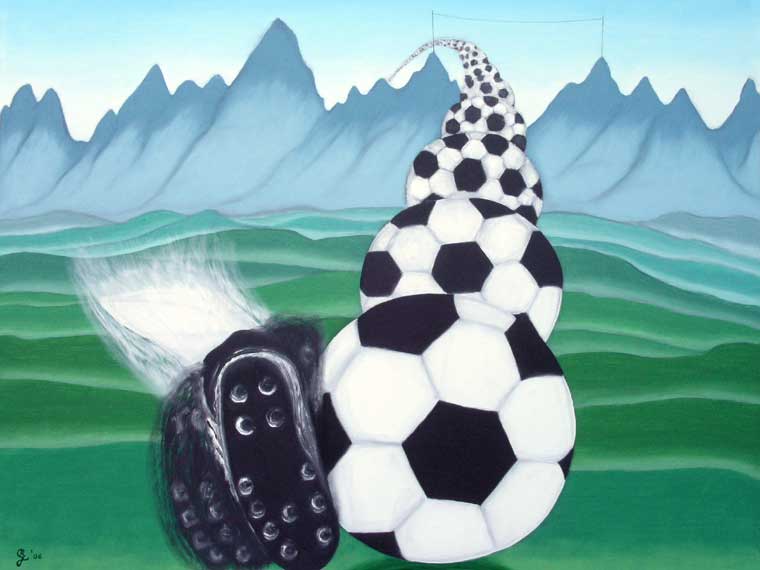 Der Fu&szlig;ballschuss in die Berge | 2006
&Ouml;l und Graphit auf Leinwand | 70 x 90 cm